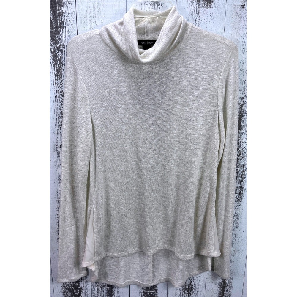 White House Black Market Turtleneck Sweater Womens XL Crema Metallic Knit Hem